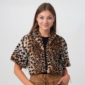 Melody-Leopard Print Faux Fur Cropped Jacket